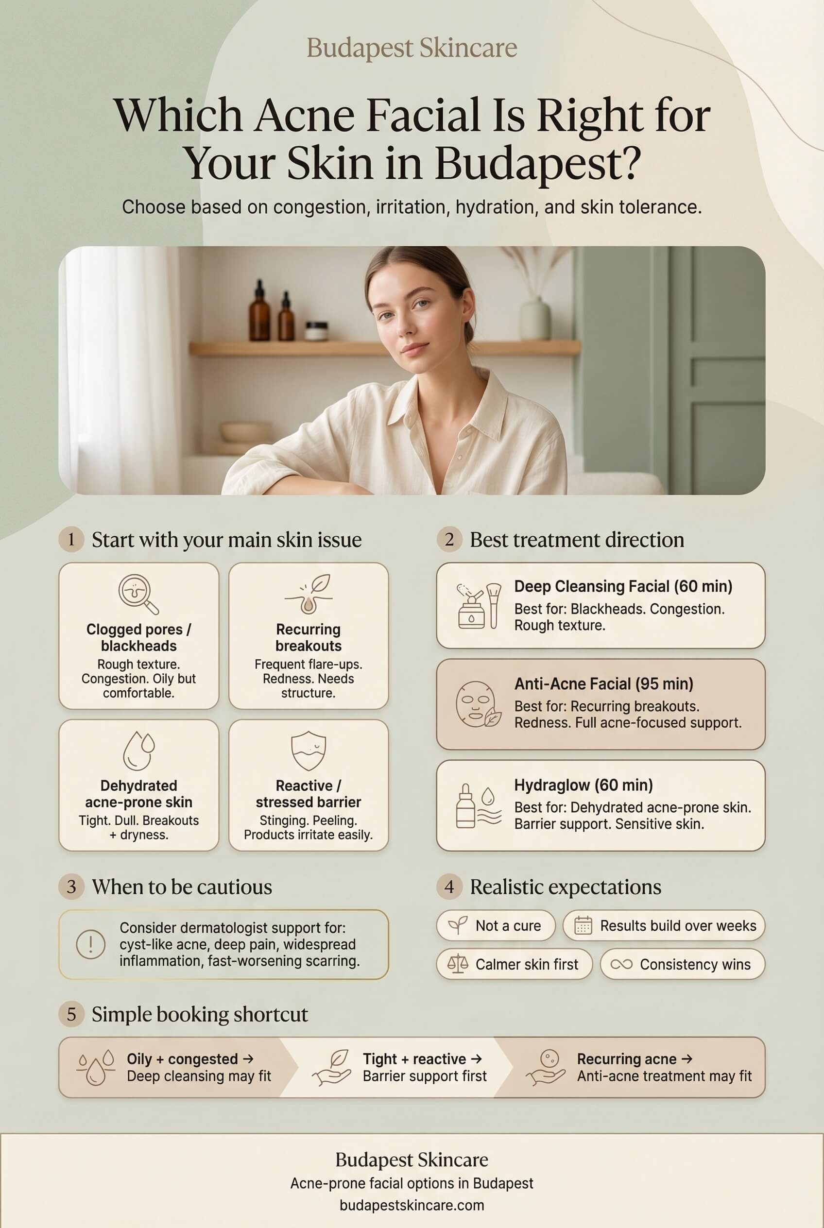 Acne facial decision guide showing which treatment is best for acne-prone skin in Budapest