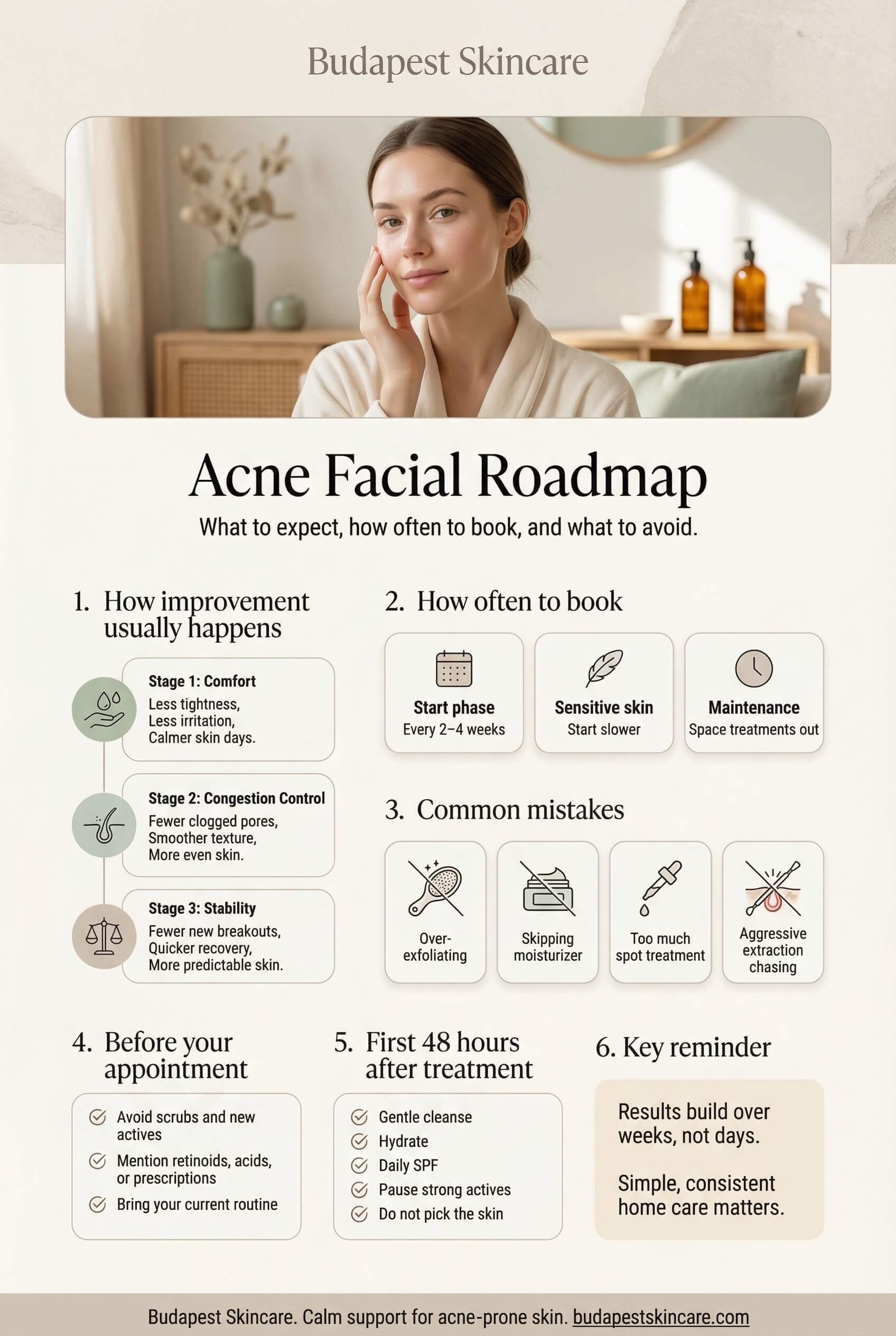 Acne facial treatment roadmap showing stages, frequency, and expectations for acne-prone skin