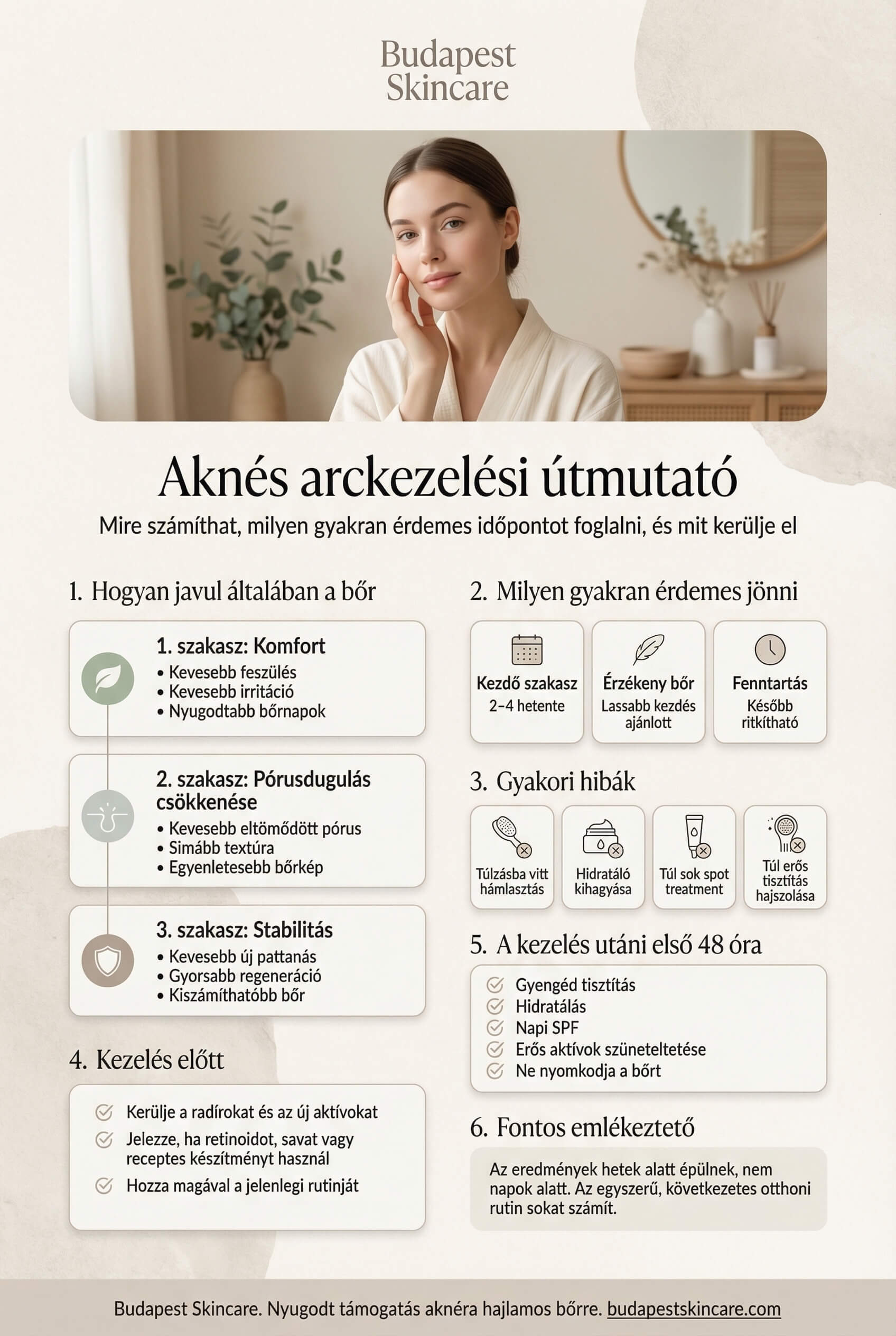 Aknés arckezelés idővonal és kezelési gyakoriság infografika